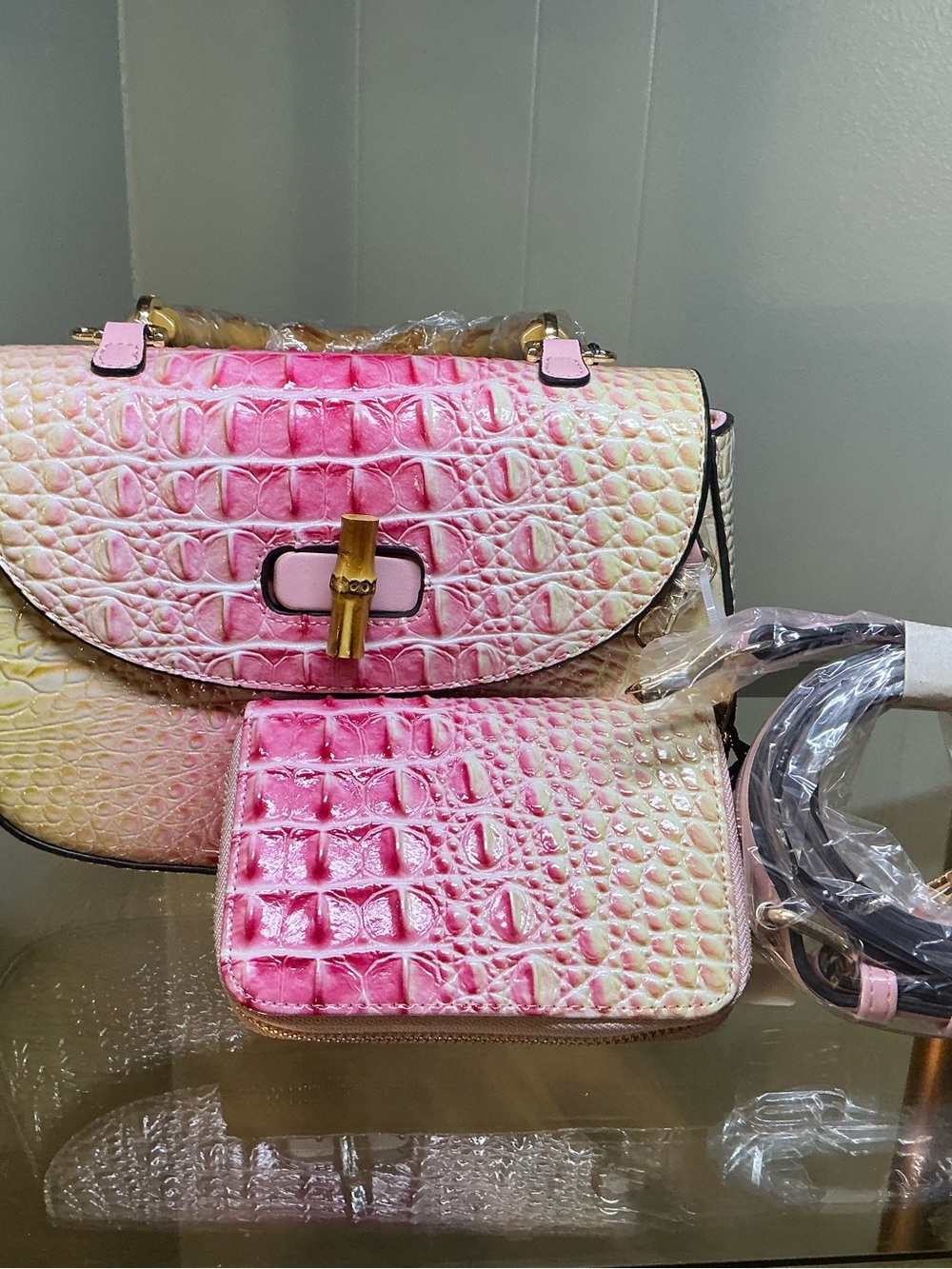 Pink Ombre Croc-Embossed Shoulder Bag with Matching Zip Wallet